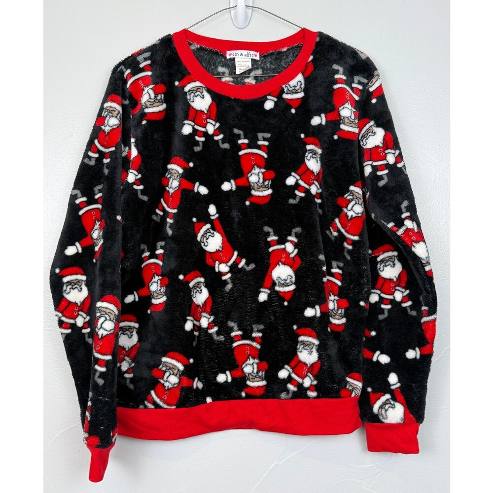 Em & Alfie Santa Claus Plush Christmas Sweatshirt Black Red Holiday Medium